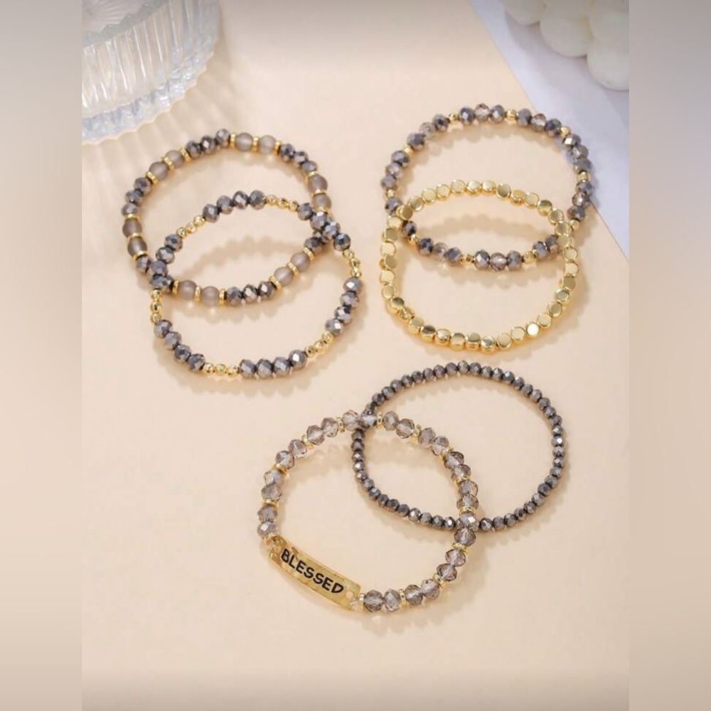 Blessed Beaded Stretch Bracelet Stack Set | Gray & Gold | Boho Inspirational | - Picture 3 of 3